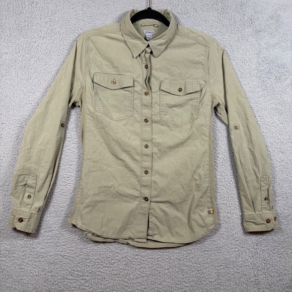 Carhartt Tops - Carhartt Bozeman Rugged Flex Roll Up Sleeve Green Shirt Women Med Work Cowgirl